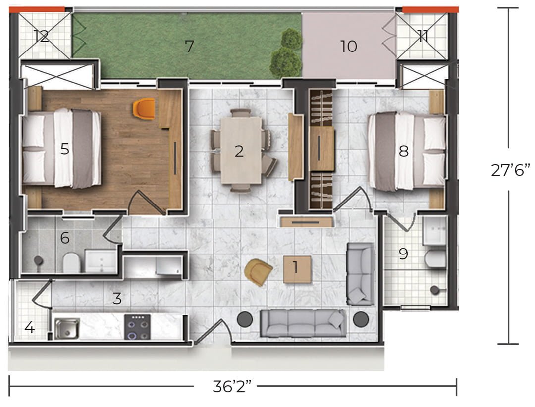 2BHK floor plan of a 2-bedroom apartment showing layout, rooms, and dimensions for each area.