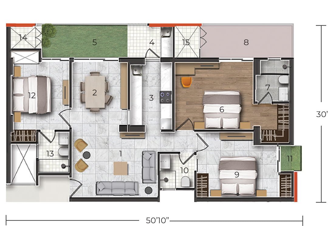 3BHK floor plan of a 2-bedroom apartment showing layout, rooms, and dimensions for each area.