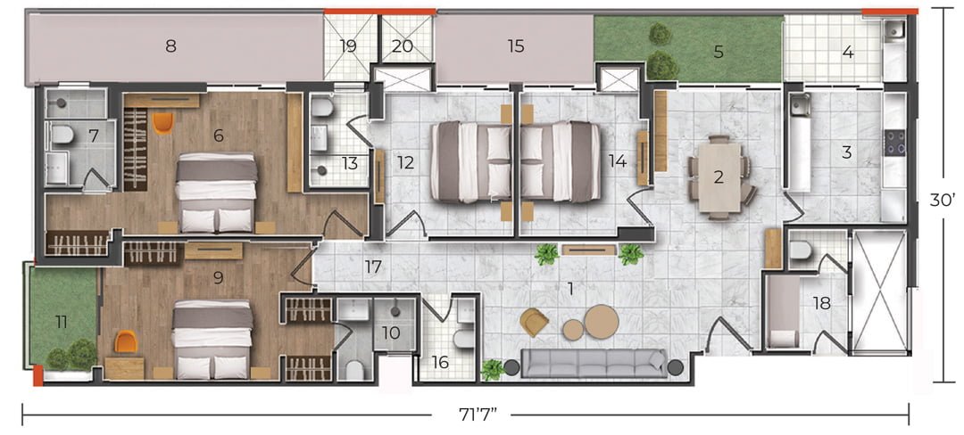 4BHK floor plan of a 2-bedroom apartment showing layout, rooms, and dimensions for each area.