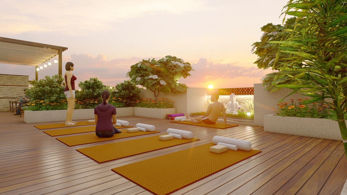 A rooftop yoga studio with people practicing yoga. terrace clubhouse