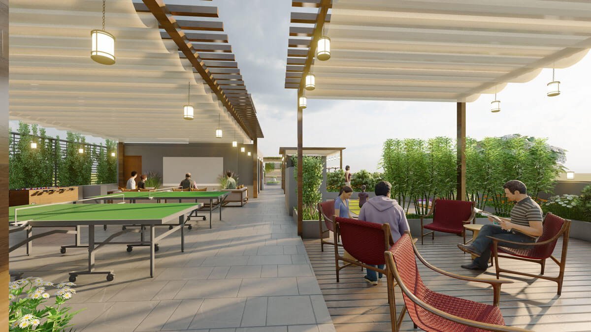 A rooftop patio with ping pong tables, providing a recreational space for outdoor activities. terrace clubhouse