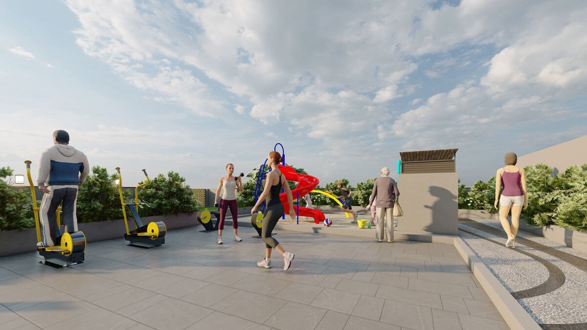 A rooftop gathering with people strolling and conversing, taking in the scenic panorama. terrace clubhouse