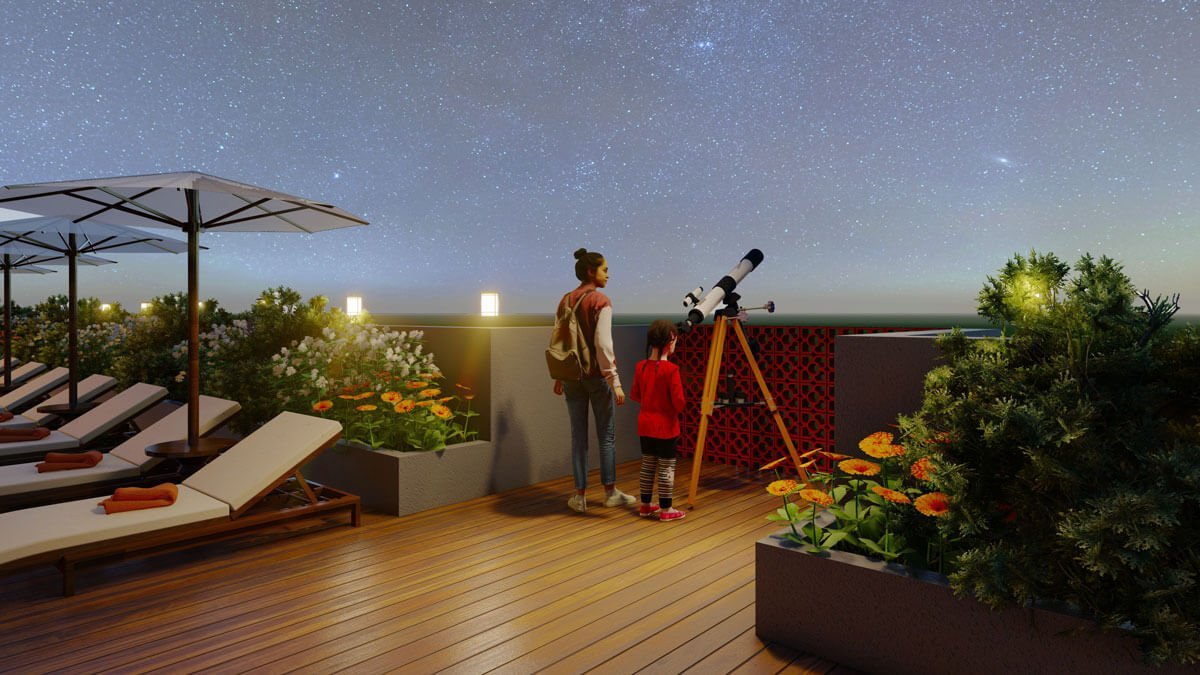 A woman and child gaze at stars on a rooftop, captivated by the beauty of the night sky. terrace clubhouse